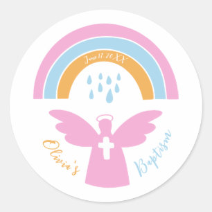 Baptism Christening angel and rainbow Classic Round Sticker