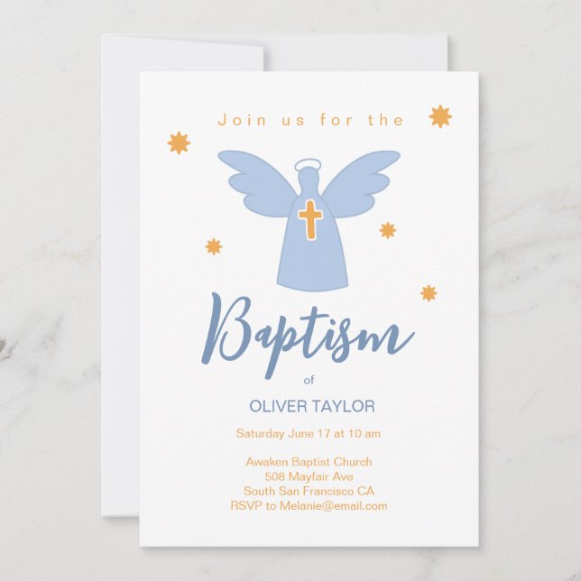 Baptism Christening Angel and Stars Invitation (Front)