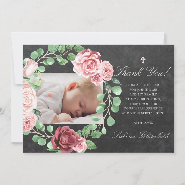 Baptism Christening Baby Garden Floral Photo Thank You Card (Front)