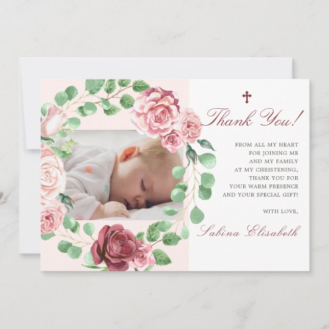 Baptism Christening Baby Garden Floral Photo Thank You Card (Front)