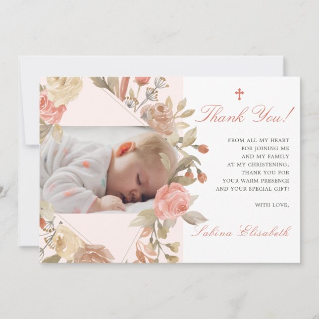 Baptism Christening Baby Roses Garden Photo Thank You Card (Front)