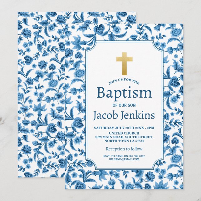 Baptism Christening Blue White Floral Gold Cross Invitation (Front/Back)