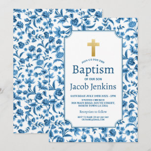 Baptism Christening Blue White Floral Gold Cross Invitation