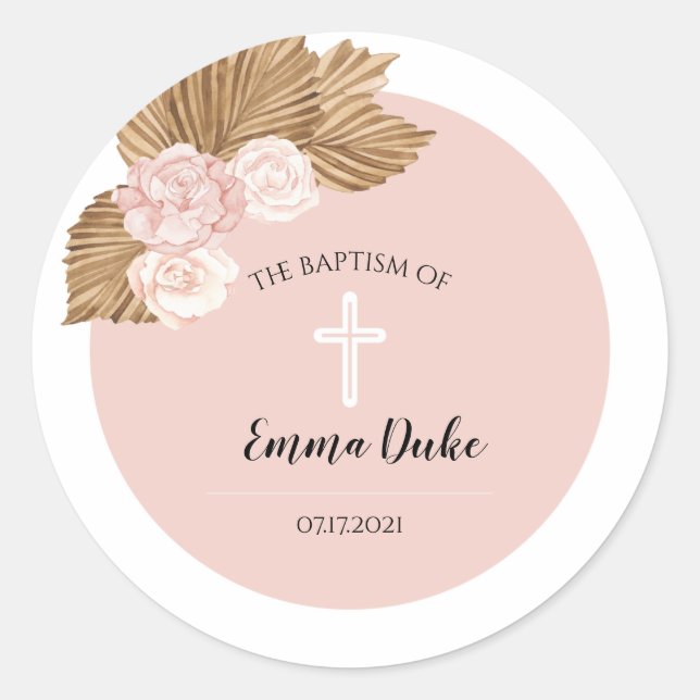 Baptism Christening Blush Arch Boho Invitation Classic Round Sticker (Front)