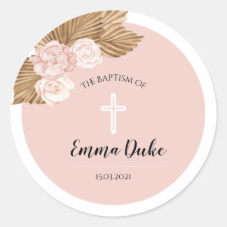 Baptism Christening Blush Arch Boho Invitation Classic Round Sticker
