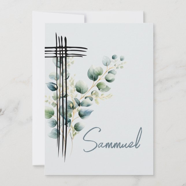 Baptism Christening Boy Modern  Blue Cross Invitation (Back)