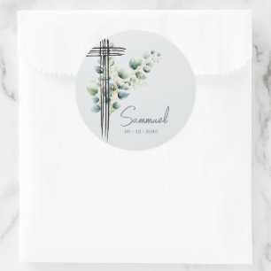 Baptism Christening Boy Modern Botanical Cross Classic Round Sticker