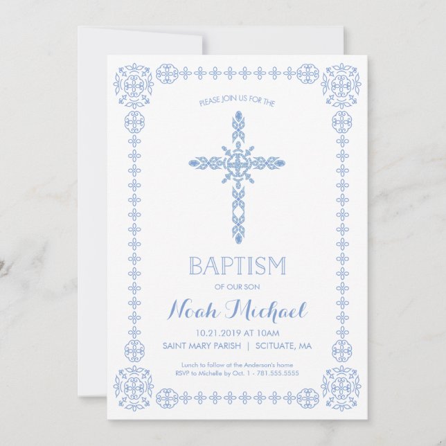 Baptism, Christening Boys Invitation Elegant Cross (Front)