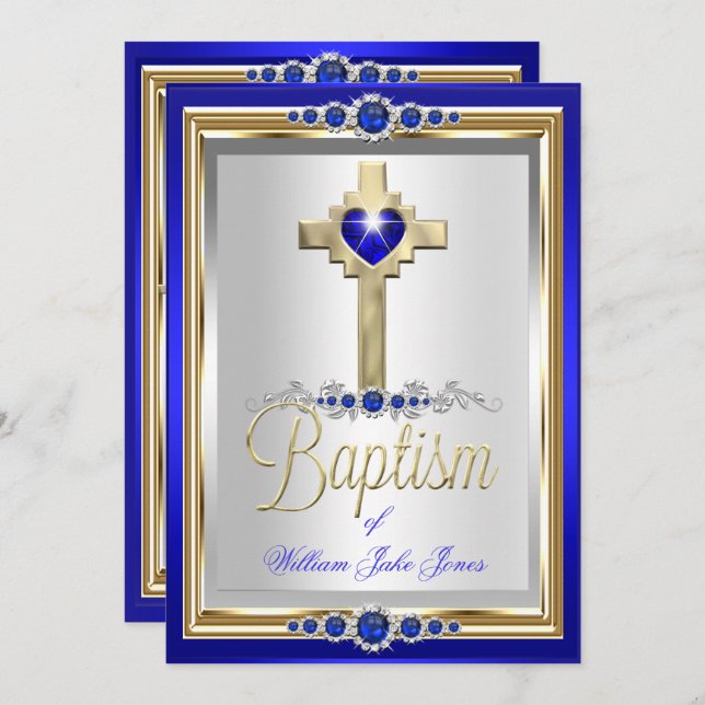 Baptism Christening Boys or Girls Cross Blue Pearl Invitation (Front/Back)