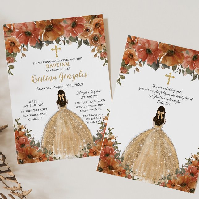 Baptism Christening Burnt Orange Fall Floral Gold Invitation (Creator Uploaded)