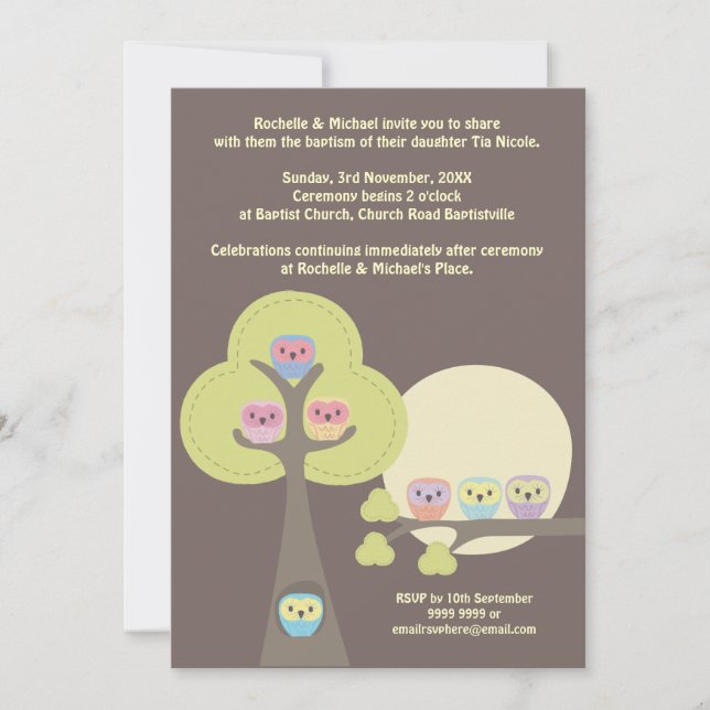 Baptism Christening Ceremony Cute Owls Invitation (Front)