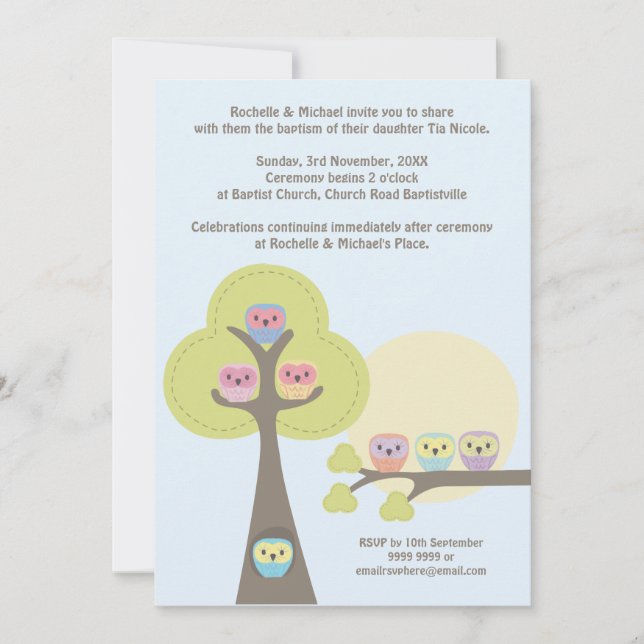 Baptism Christening Ceremony Cute Owls Invitation (Front)