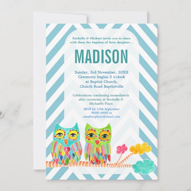 Baptism Christening Chevron Rainbow Owls Invite (Front)