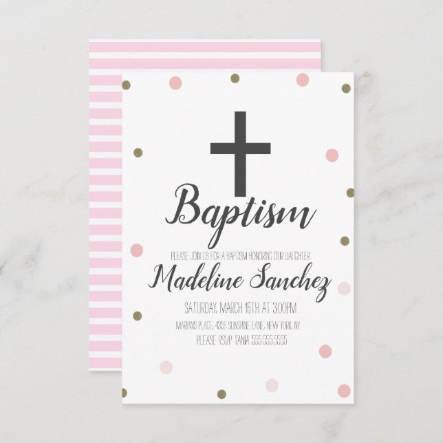 Baptism Christening Confetti Pink Foil Gold Dots Invitation (Front/Back)