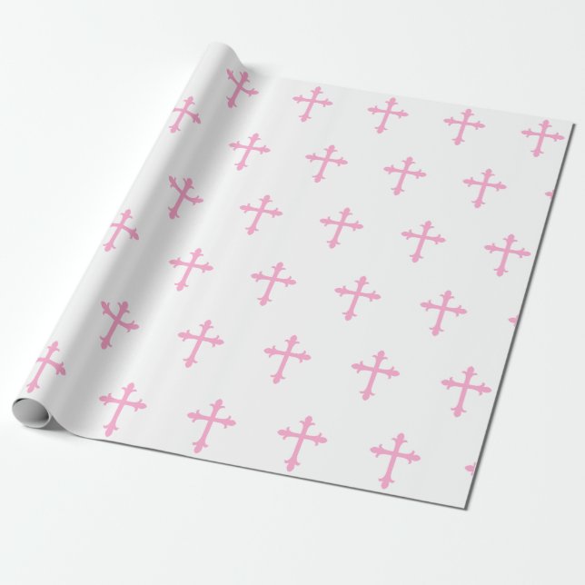 Baptism Christening Cross Confirmation Girl Pink Wrapping Paper (Unrolled)