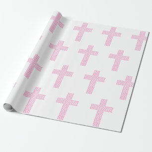 Baptism Christening Cross Confirmation Pink Wrapping Paper
