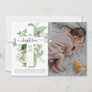 Baptism Christening Cross Greenery Custom Photo Thank You Card