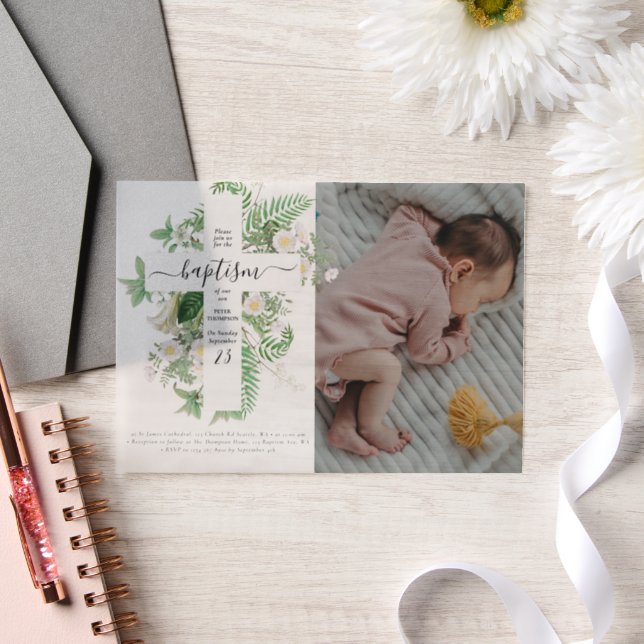 Baptism Christening Cross Greenery Custom Photo Vellum Invitations (Wedding)