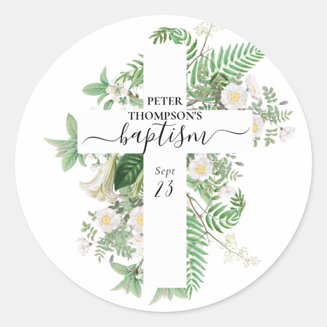 Baptism Christening Cross Greenery Gender Neutral Classic Round Sticker (Front)
