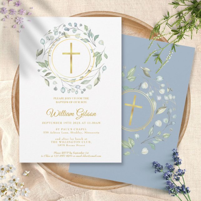 Baptism Christening Dusty Blue Garland Gold Cross Invitation (Creator Uploaded)
