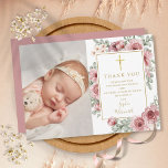 Baptism Christening Dusty Rose Floral Photo Thank You Card<br><div class="desc">Personalise with your photo and special baptism,  christening thank you message in chic gold lettering on this elegant dusty rose floral design. Designed by Thisisnotme©</div>