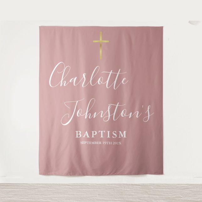 Baptism Christening Dusty Rose Pink Photo Backdrop Tapestry (Front)