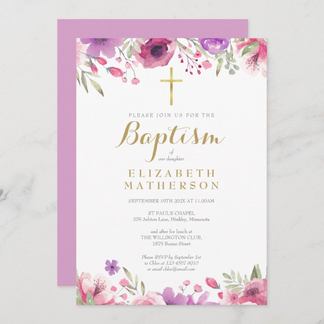 Baptism Christening Elegant Pink Rose Floral Invitation (Front/Back)
