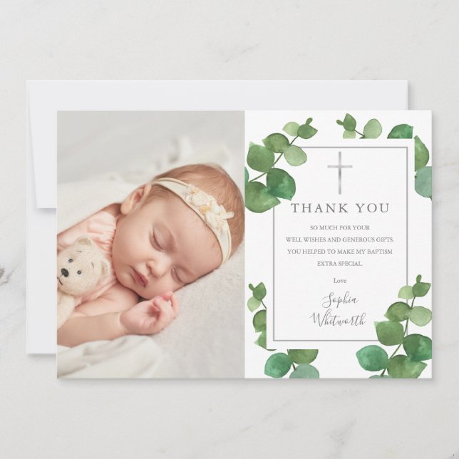 Baptism Christening Eucalyptus Greenery Photo Thank You Card (Front)