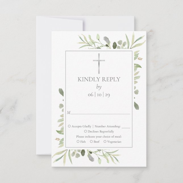 Baptism Christening First Holy Communion Greenery RSVP Card (Front)
