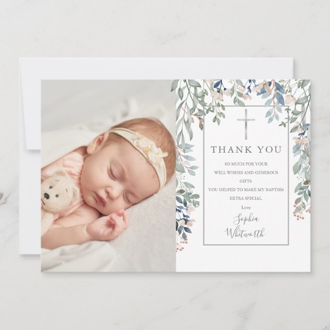 Baptism Christening Floral Foliage Photo Thank You Card (Front)