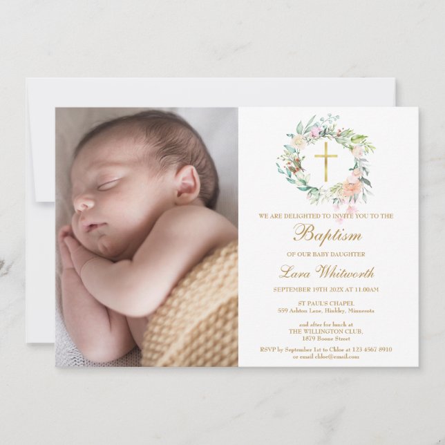 Baptism Christening Floral Garland Photo Invitation (Front)