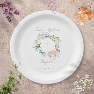 Baptism Christening Floral Silver Cross  Paper Plate