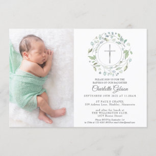 Baptism Christening Garland Silver Cross Photo Invitation