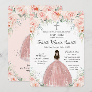 Baptism Christening Girl Blush Floral Roses Silver Invitation