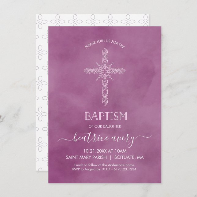 Baptism, Christening Girl Invitation Elegant Cross (Front/Back)