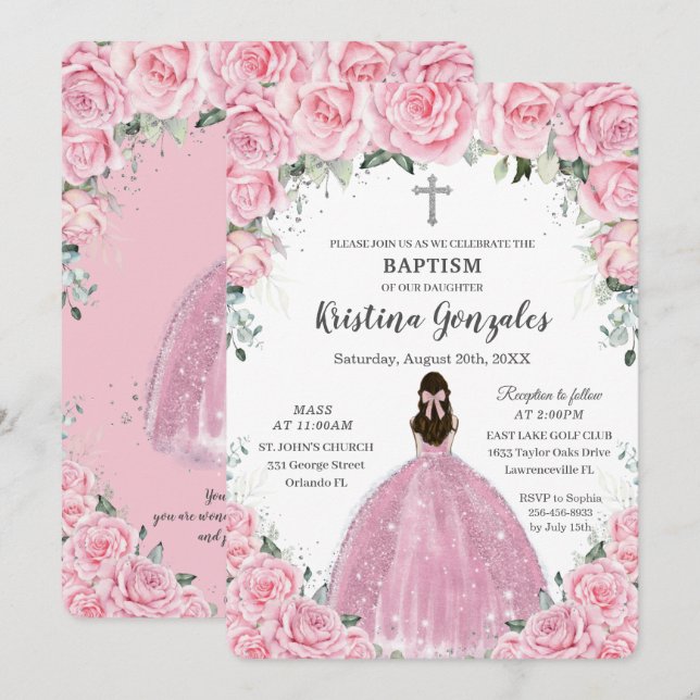 Baptism Christening Girl Pink Floral Silver Cross Invitation (Front/Back)
