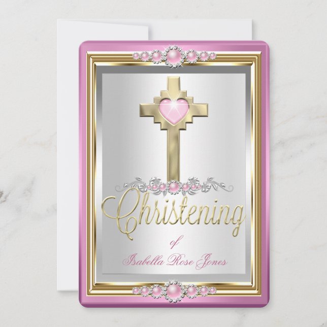 Baptism Christening Girls Cross Pink Pearl 2 Invitation (Front)