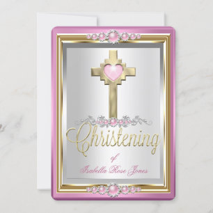 Baptism Christening Girls Cross Pink Pearl 2 Invitation