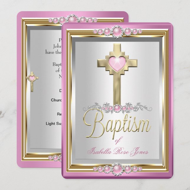Baptism Christening Girls Cross Pink Pearl Invitation (Front/Back)