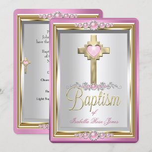 Baptism Christening Girls Cross Pink Pearl Invitation