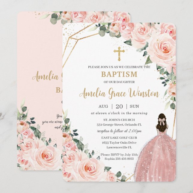 Baptism Christening Gold Blush Floral Flowers Girl Invitation (Front/Back)