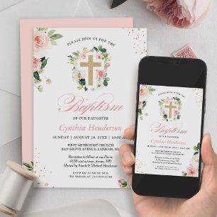 Baptism Christening Gold Blush Pink Floral Cross Invitation