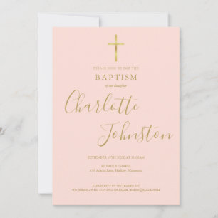 Baptism Christening Gold Cross Blush Pink QR Code Invitation