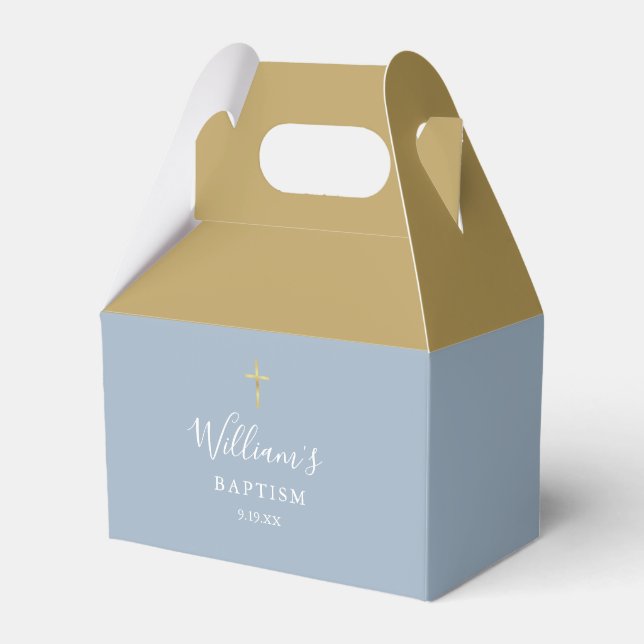 Baptism Christening Gold Cross Dusty Blue Favour Box (Front Side)