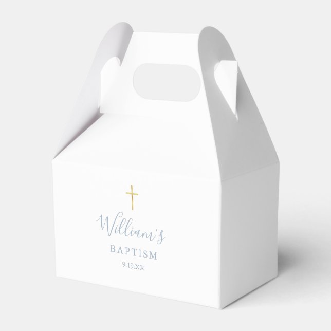 Baptism Christening Gold Cross Dusty Blue Favour Box (Front Side)