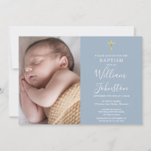 Baptism Christening Gold Cross Dusty Blue Photo Invitation