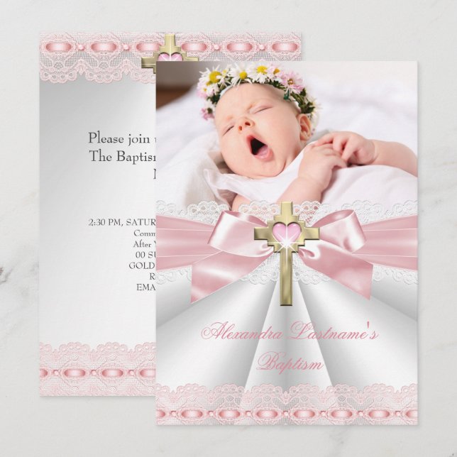 Baptism Christening Gold Cross Girls Pink 2 Invitation (Front/Back)