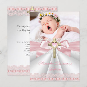 Baptism Christening Gold Cross Girls Pink 2 Invitation