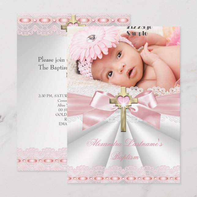 Baptism Christening Gold Cross Girls Pink Invitation (Front/Back)