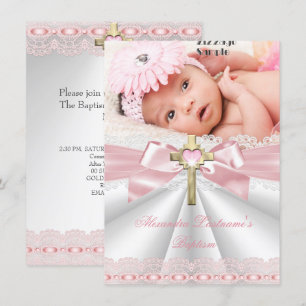 Baptism Christening Gold Cross Girls Pink Invitation